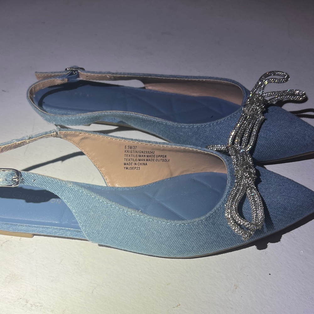 Elegant Blue Denim Slingback Flats with Silver Bow